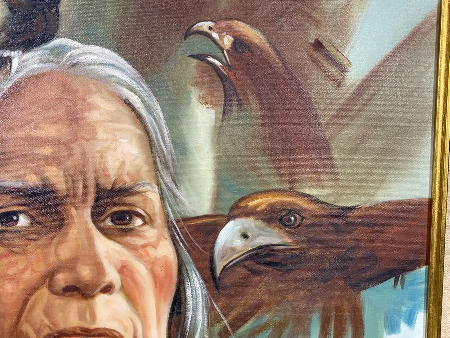 JUST ADDED - Original Native American Painting Signed YOUN.SUK.OH 24 X 36 In Gilt Frame [Photo 6]