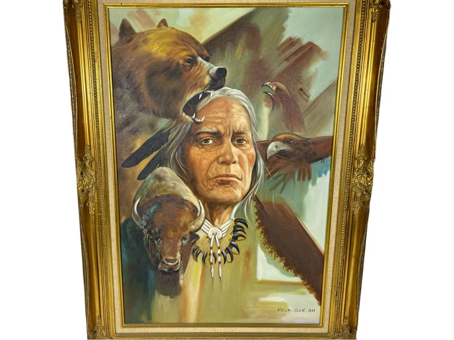 JUST ADDED - Original Native American Painting Signed YOUN.SUK.OH 24 X 36 In Gilt Frame [Photo 2]