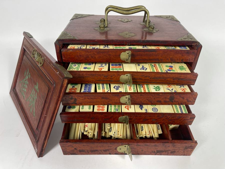 Vintage Chinese Mahjong Set Bamboo And Bone Tiles With Rosewood Wooden 5-Drawer Box 9.5W X 6.5D X 7H [Photo 7]