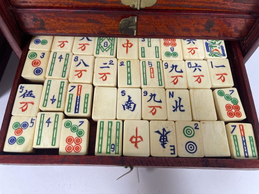Vintage Chinese Mahjong Set Bamboo And Bone Tiles With Rosewood Wooden 5-Drawer Box 9.5W X 6.5D X 7H [Photo 13]