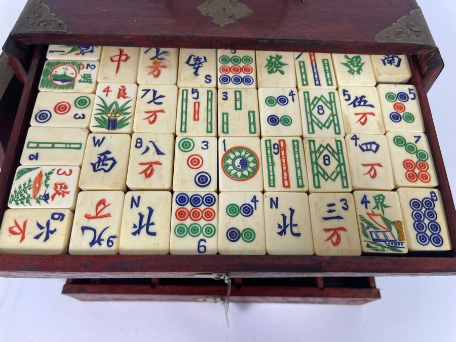 Vintage Chinese Mahjong Set Bamboo And Bone Tiles With Rosewood Wooden 5-Drawer Box 9.5W X 6.5D X 7H [Photo 8]