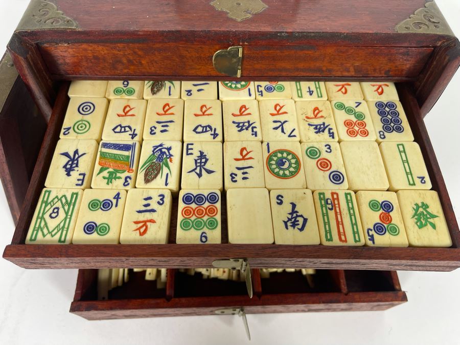 Vintage Chinese Mahjong Set Bamboo And Bone Tiles With Rosewood Wooden 5-Drawer Box 9.5W X 6.5D X 7H [Photo 11]