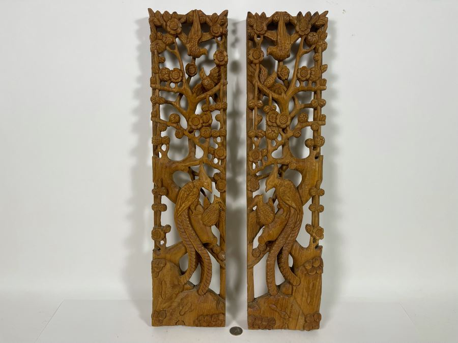 Pair Of Relief Carved Wooden Asian Panels 5.5W X 23H X 2D [Photo 3]