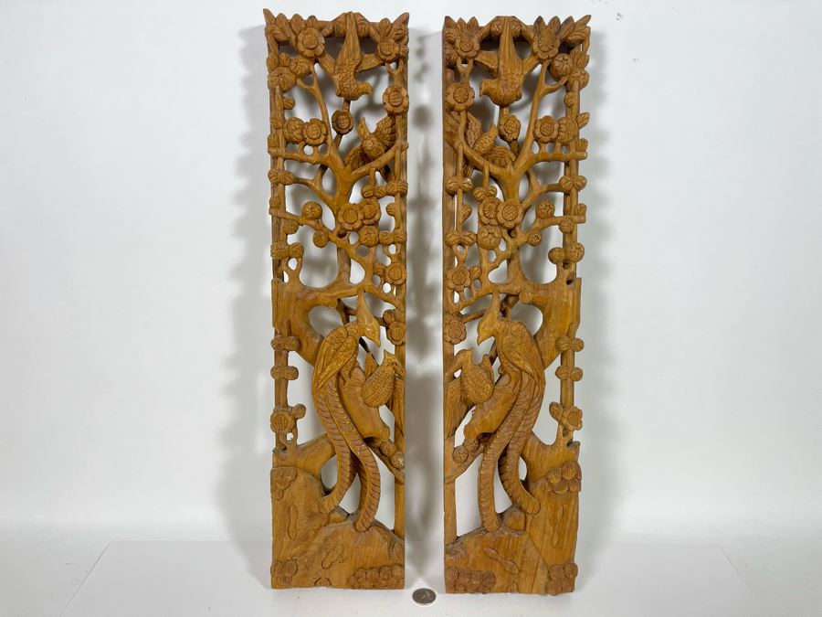 Pair Of Relief Carved Wooden Asian Panels 5.5W X 23H X 2D [Photo 2]