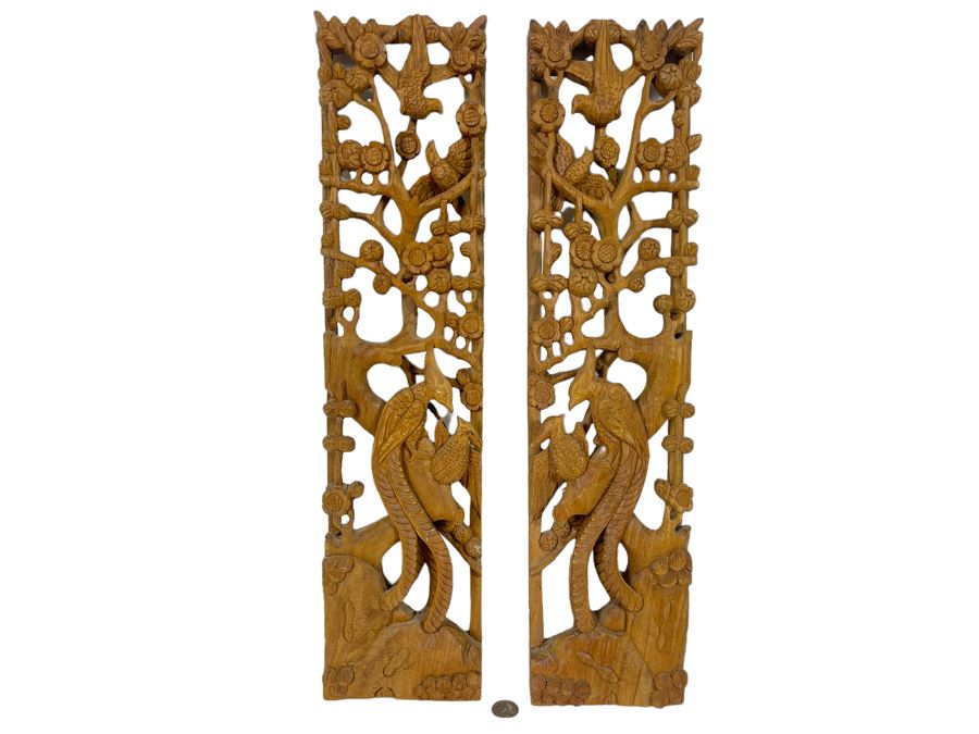 Pair Of Relief Carved Wooden Asian Panels 5.5W X 23H X 2D