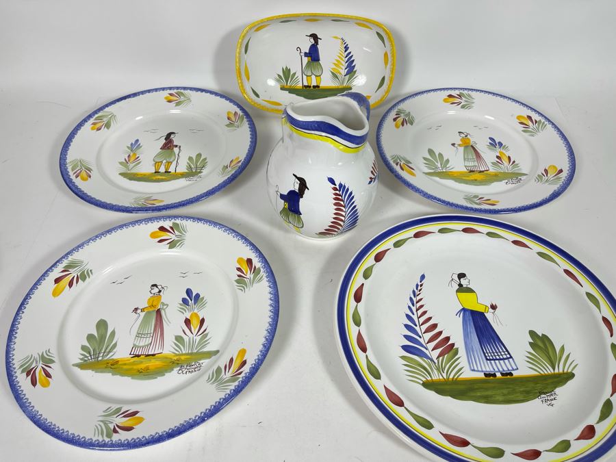 Collection Of Quimper France Pottery: Pitcher And Various Plates [Photo 2]