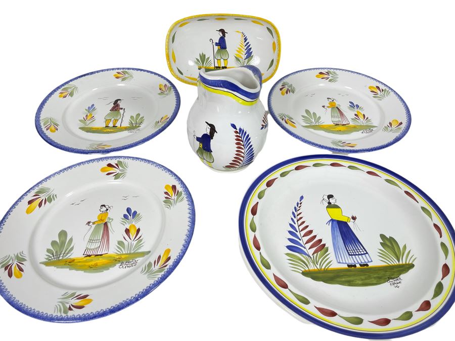 Collection Of Quimper France Pottery: Pitcher And Various Plates [Photo 1]