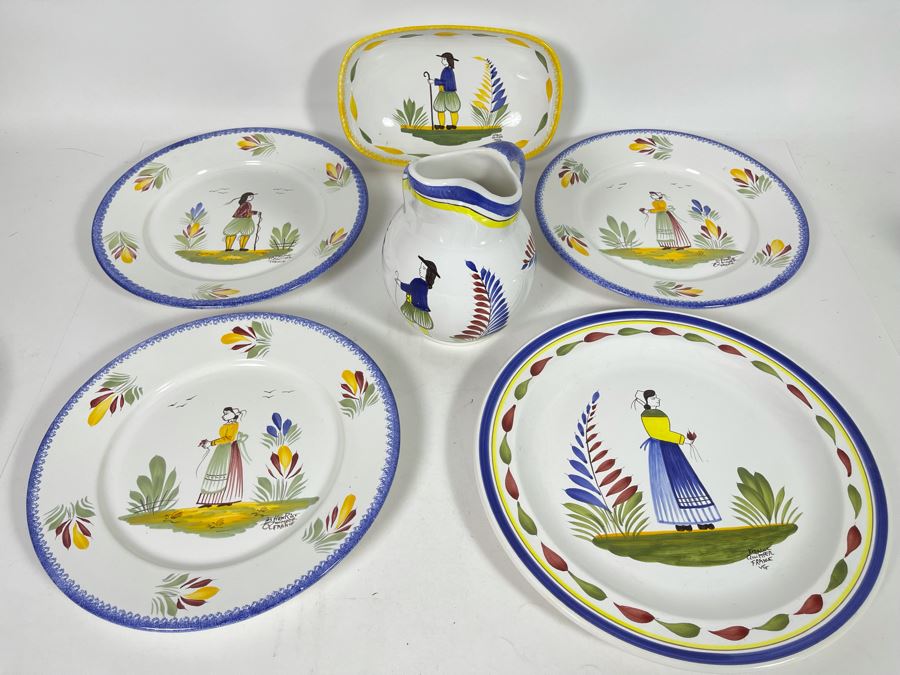Collection Of Quimper France Pottery: Pitcher And Various Plates [Photo 3]