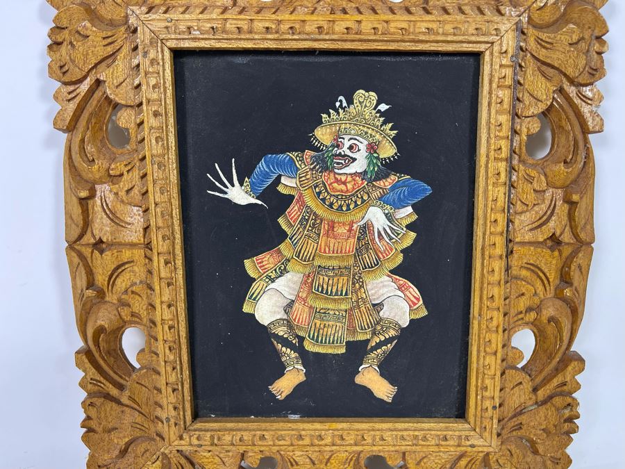 Original Indonesian Bali Painting On Canvas In Carved Wooden Frame Canvas Measures 7.5 X 10 [Photo 2]