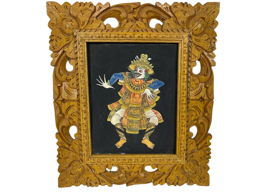 Original Indonesian Bali Painting On Canvas In Carved Wooden Frame Canvas Measures 7.5 X 10