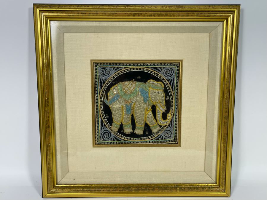 Framed Indian Beaded Embroidered Elephant Tapestry Wall Artwork 19 X 19 [Photo 2]