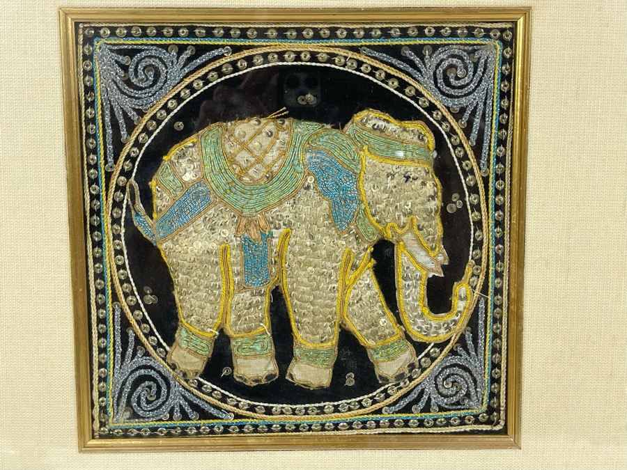Framed Indian Beaded Embroidered Elephant Tapestry Wall Artwork 19 X 19 [Photo 3]