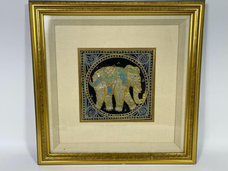 Framed Indian Beaded Embroidered Elephant Tapestry Wall Artwork 19 X 19 [Photo 1]