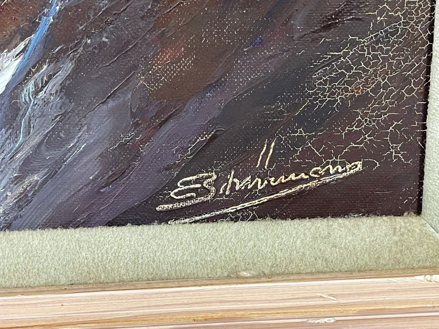 Vintage Original Plein Air Seascape Ocean Painting On Canvas In Frame Signature Illegible Canvas Measures 31 X 24 [Photo 2]