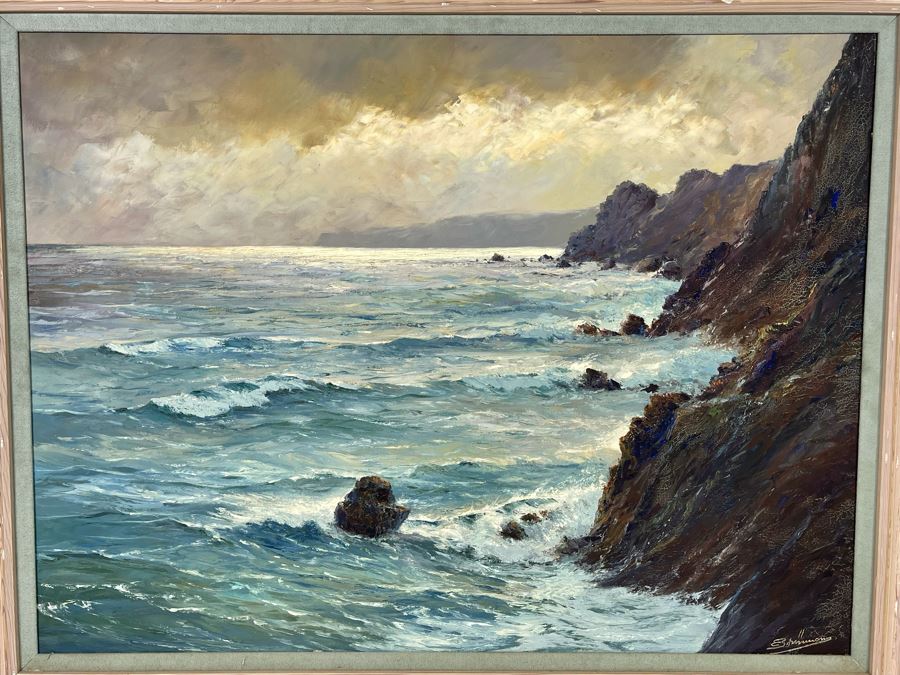 Vintage Original Plein Air Seascape Ocean Painting On Canvas In Frame Signature Illegible Canvas Measures 31 X 24 [Photo 6]