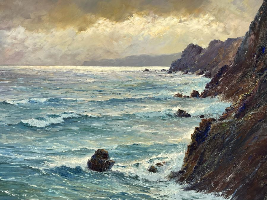 Vintage Original Plein Air Seascape Ocean Painting On Canvas In Frame Signature Illegible Canvas Measures 31 X 24 [Photo 16]