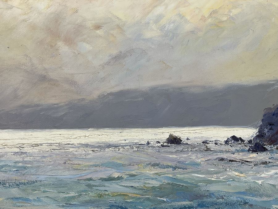 Vintage Original Plein Air Seascape Ocean Painting On Canvas In Frame Signature Illegible Canvas Measures 31 X 24 [Photo 12]