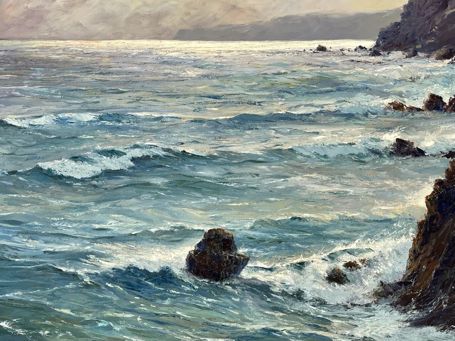 Vintage Original Plein Air Seascape Ocean Painting On Canvas In Frame Signature Illegible Canvas Measures 31 X 24 [Photo 14]