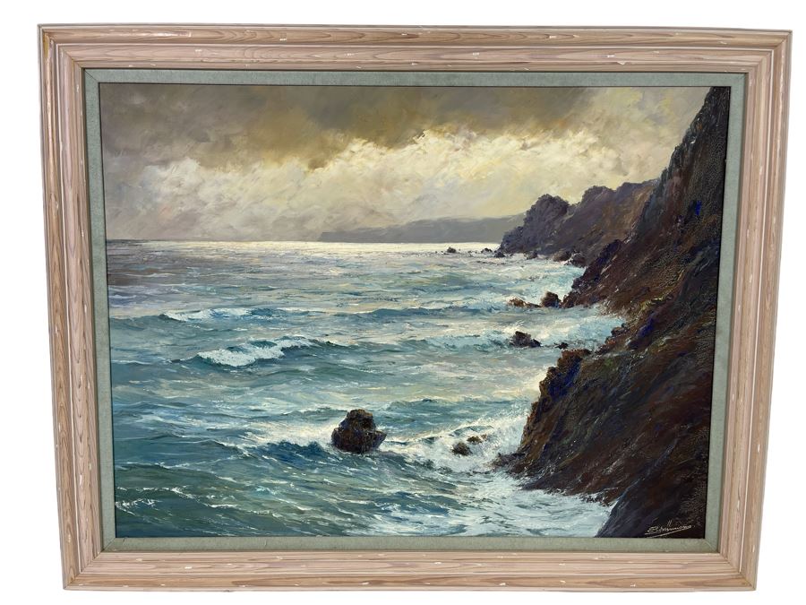 Vintage Original Plein Air Seascape Ocean Painting On Canvas In Frame Signature Illegible Canvas Measures 31 X 24