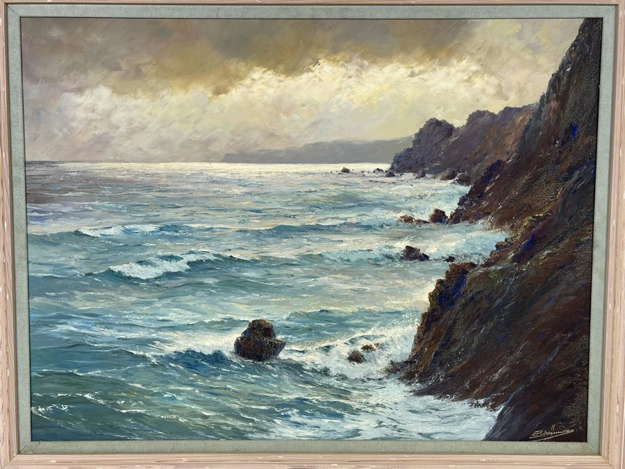 Vintage Original Plein Air Seascape Ocean Painting On Canvas In Frame Signature Illegible Canvas Measures 31 X 24 [Photo 8]