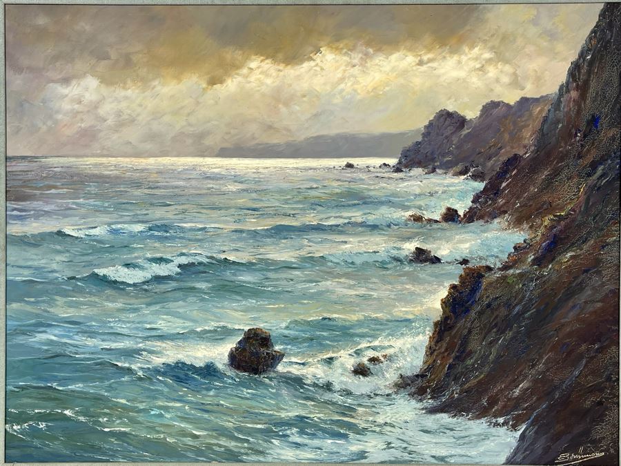 Vintage Original Plein Air Seascape Ocean Painting On Canvas In Frame Signature Illegible Canvas Measures 31 X 24 [Photo 15]
