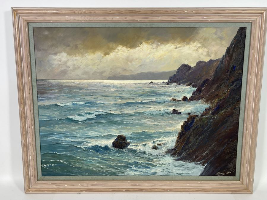 Vintage Original Plein Air Seascape Ocean Painting On Canvas In Frame Signature Illegible Canvas Measures 31 X 24 [Photo 5]