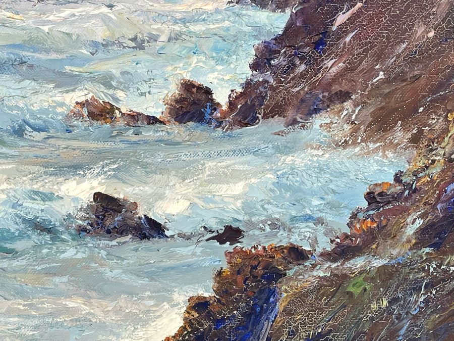 Vintage Original Plein Air Seascape Ocean Painting On Canvas In Frame Signature Illegible Canvas Measures 31 X 24 [Photo 10]