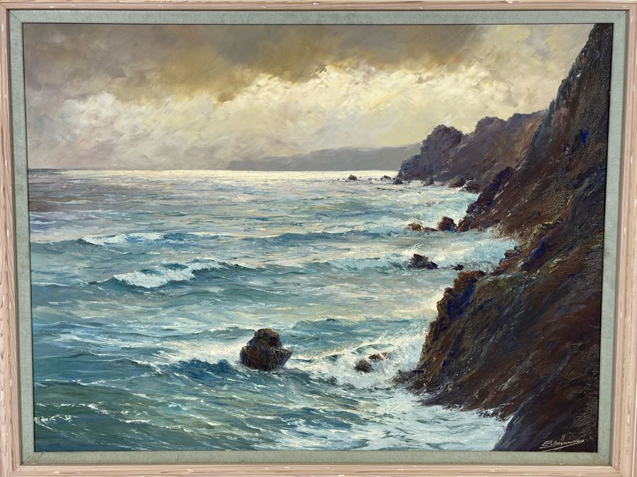 Vintage Original Plein Air Seascape Ocean Painting On Canvas In Frame Signature Illegible Canvas Measures 31 X 24 [Photo 7]