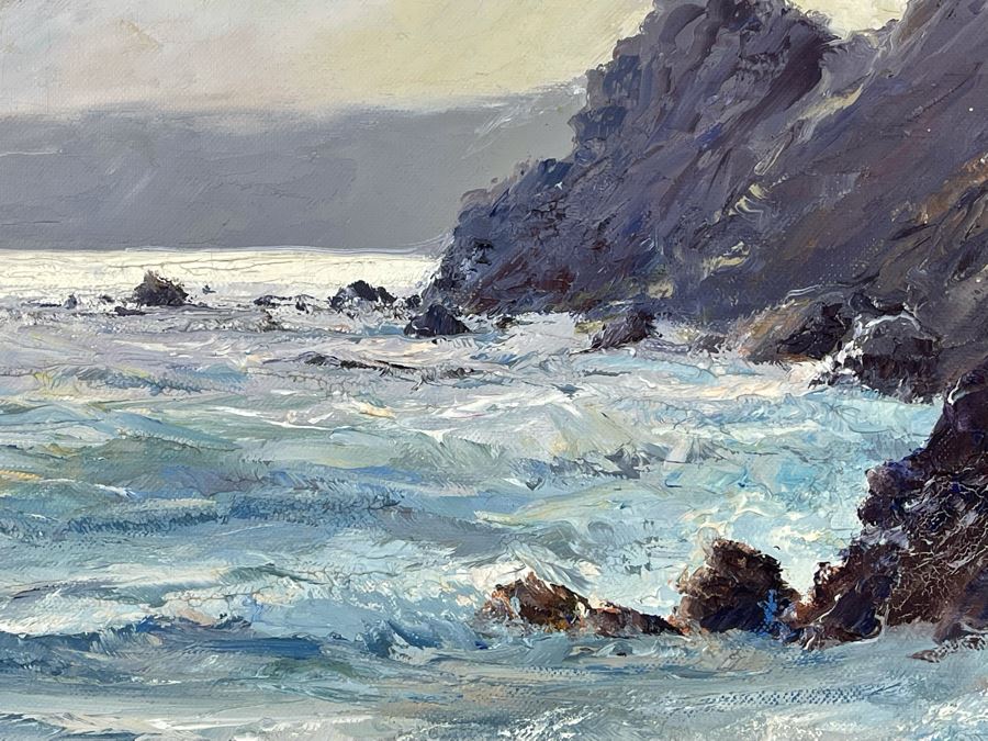 Vintage Original Plein Air Seascape Ocean Painting On Canvas In Frame Signature Illegible Canvas Measures 31 X 24 [Photo 11]