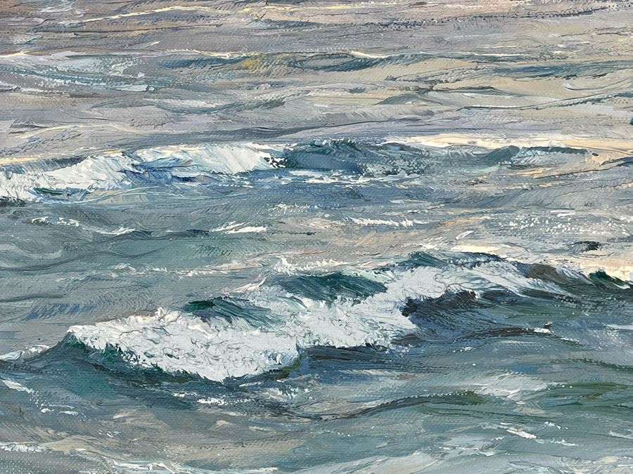 Vintage Original Plein Air Seascape Ocean Painting On Canvas In Frame Signature Illegible Canvas Measures 31 X 24 [Photo 13]