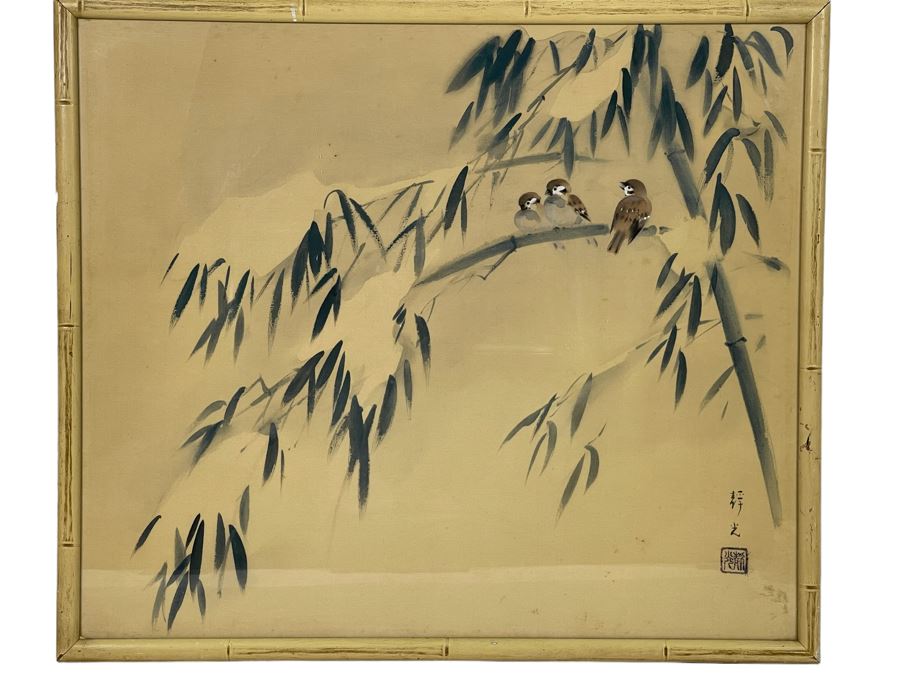 Original Chinese Painting On Silk Birds On Bamboo Branch Framed 20.5 X 17.5