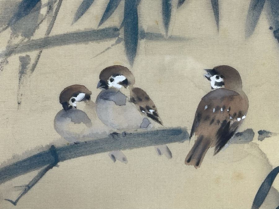 Original Chinese Painting On Silk Birds On Bamboo Branch Framed 20.5 X 17.5