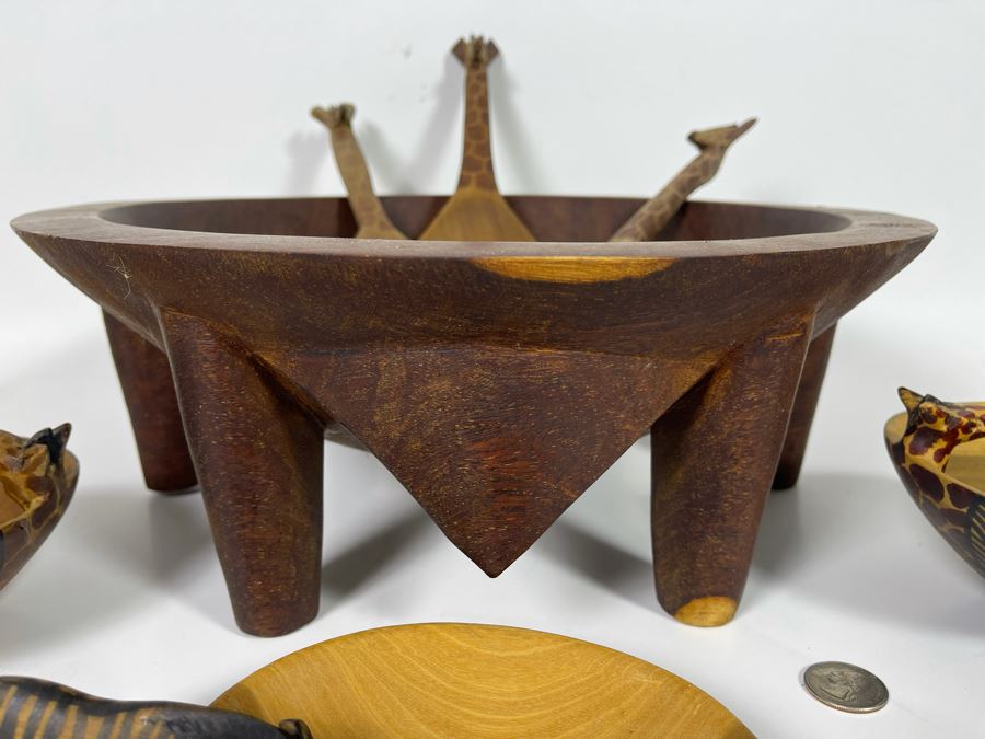Collection Of Hand Carved Wooden African Bowls, Spoons And Fork Large Bowl Is 15R [Photo 4]