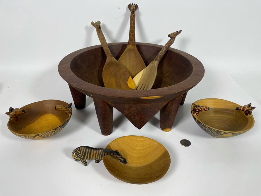 Collection Of Hand Carved Wooden African Bowls, Spoons And Fork Large Bowl Is 15R