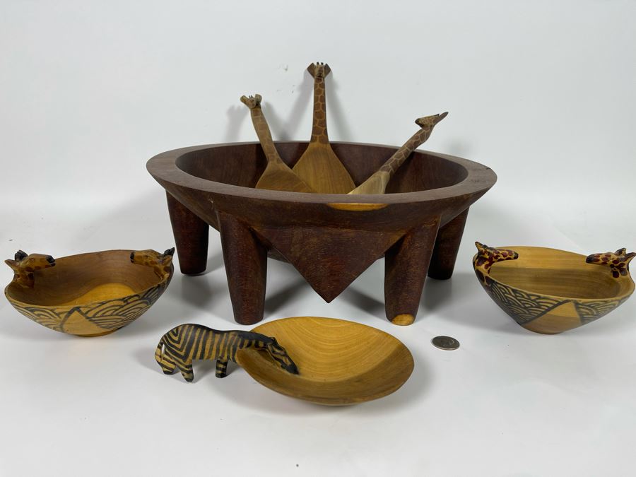 Collection Of Hand Carved Wooden African Bowls, Spoons And Fork Large Bowl Is 15R [Photo 3]