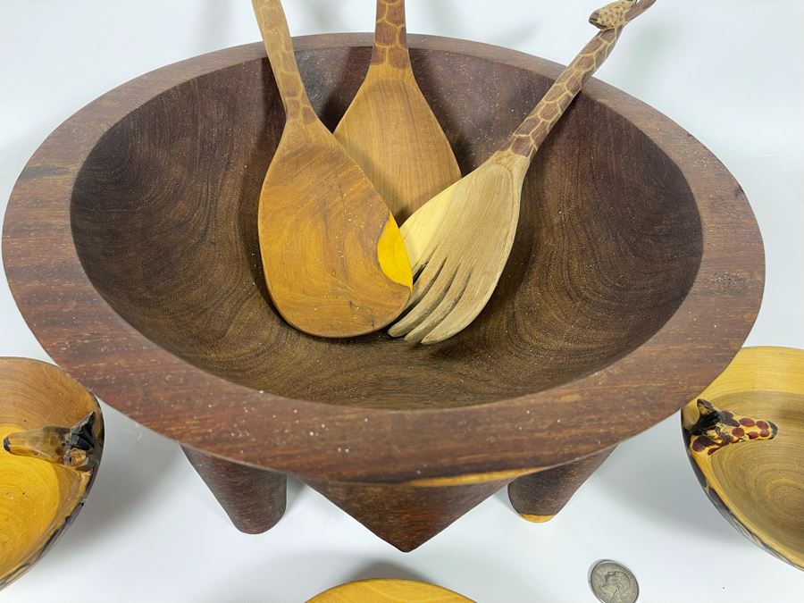 Collection Of Hand Carved Wooden African Bowls, Spoons And Fork Large Bowl Is 15R [Photo 5]