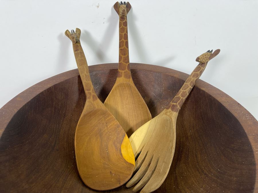 Collection Of Hand Carved Wooden African Bowls, Spoons And Fork Large Bowl Is 15R [Photo 6]