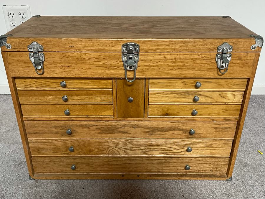 Wooden Machinist Toolbox With Some Tools (Missing Front Cover) 26W X 11D X 19H [Photo 3]