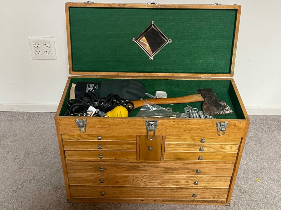 Wooden Machinist Toolbox With Some Tools (Missing Front Cover) 26W X 11D X 19H [Photo 2]
