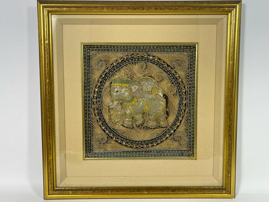 Framed Indian Beaded Embroidered Elephant Tapestry Wall Artwork 23 X 23 [Photo 3]
