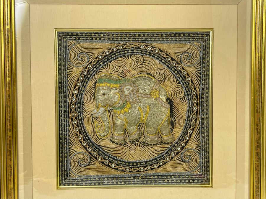 Framed Indian Beaded Embroidered Elephant Tapestry Wall Artwork 23 X 23 [Photo 5]
