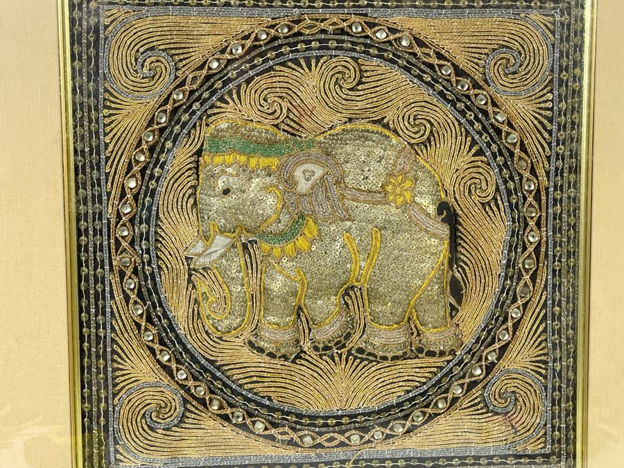 Framed Indian Beaded Embroidered Elephant Tapestry Wall Artwork 23 X 23 [Photo 9]