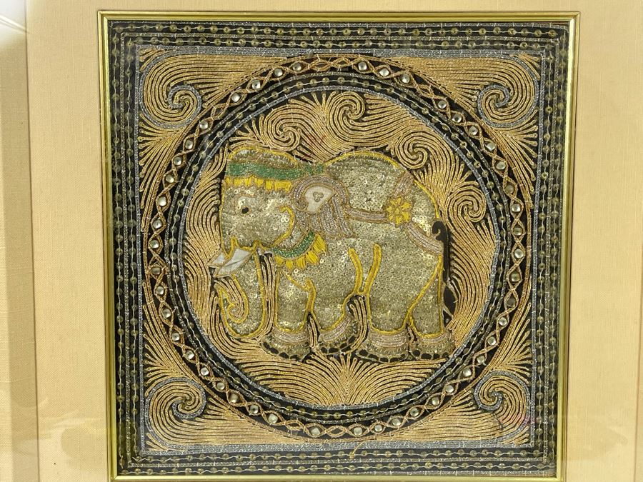 Framed Indian Beaded Embroidered Elephant Tapestry Wall Artwork 23 X 23 [Photo 6]