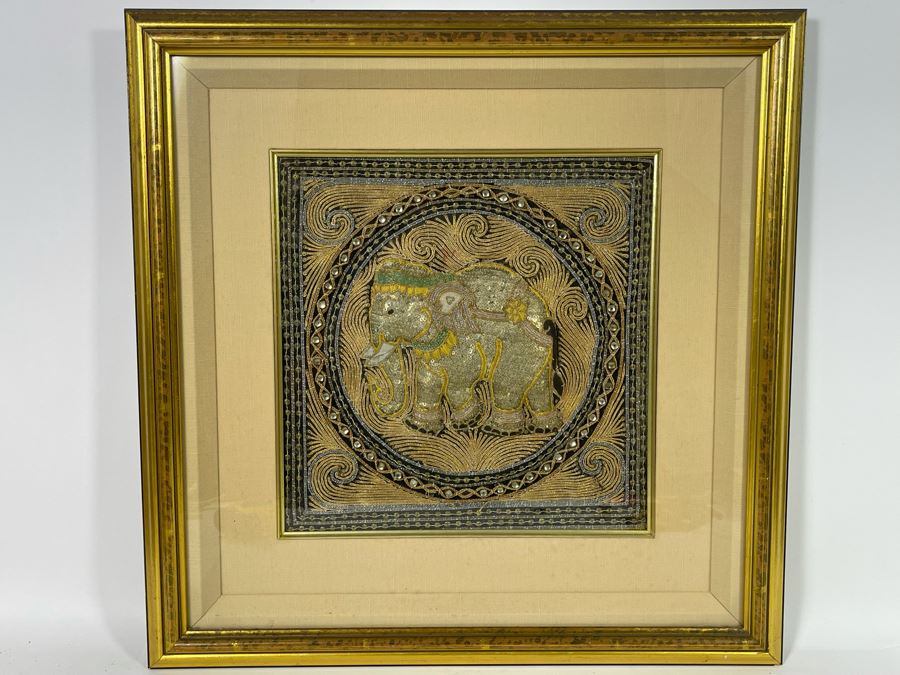 Framed Indian Beaded Embroidered Elephant Tapestry Wall Artwork 23 X 23 [Photo 2]