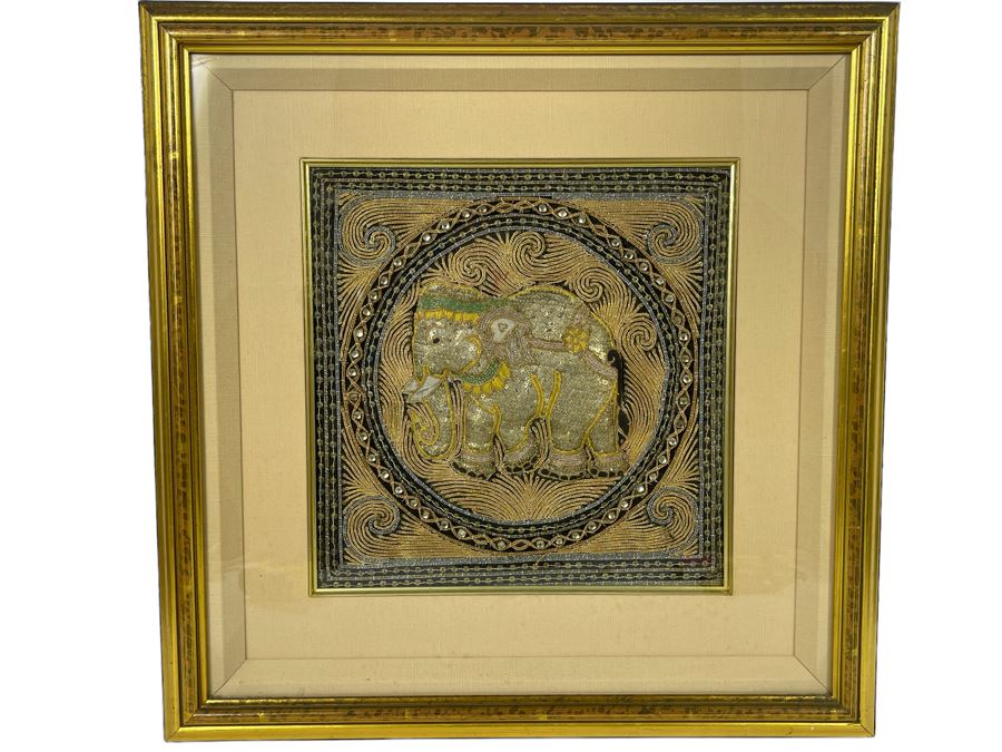 Framed Indian Beaded Embroidered Elephant Tapestry Wall Artwork 23 X 23 [Photo 1]