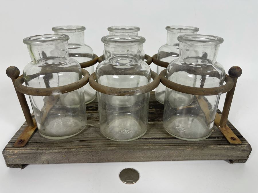 Vintage Rustic Glass Bottles With Metal And Wood Carrier 12W X 7D X 6.5H