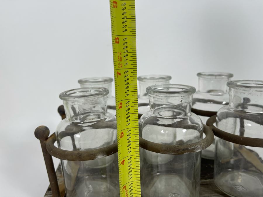 Vintage Rustic Glass Bottles With Metal And Wood Carrier 12W X 7D X 6.5H [Photo 7]