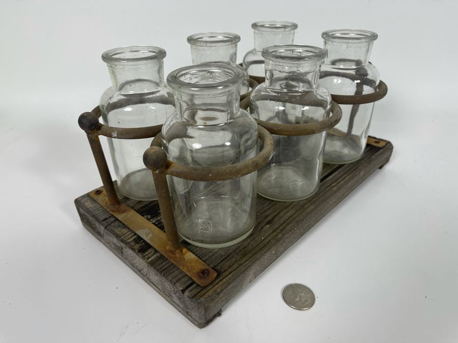 Vintage Rustic Glass Bottles With Metal And Wood Carrier 12W X 7D X 6.5H [Photo 4]