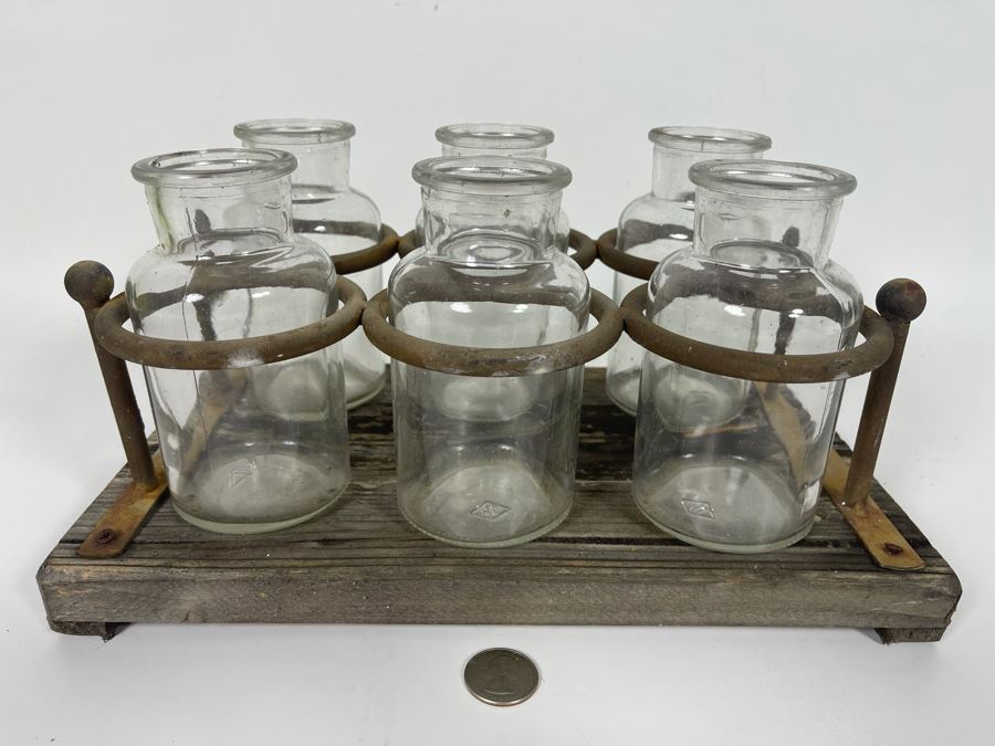 Vintage Rustic Glass Bottles With Metal And Wood Carrier 12W X 7D X 6.5H [Photo 3]