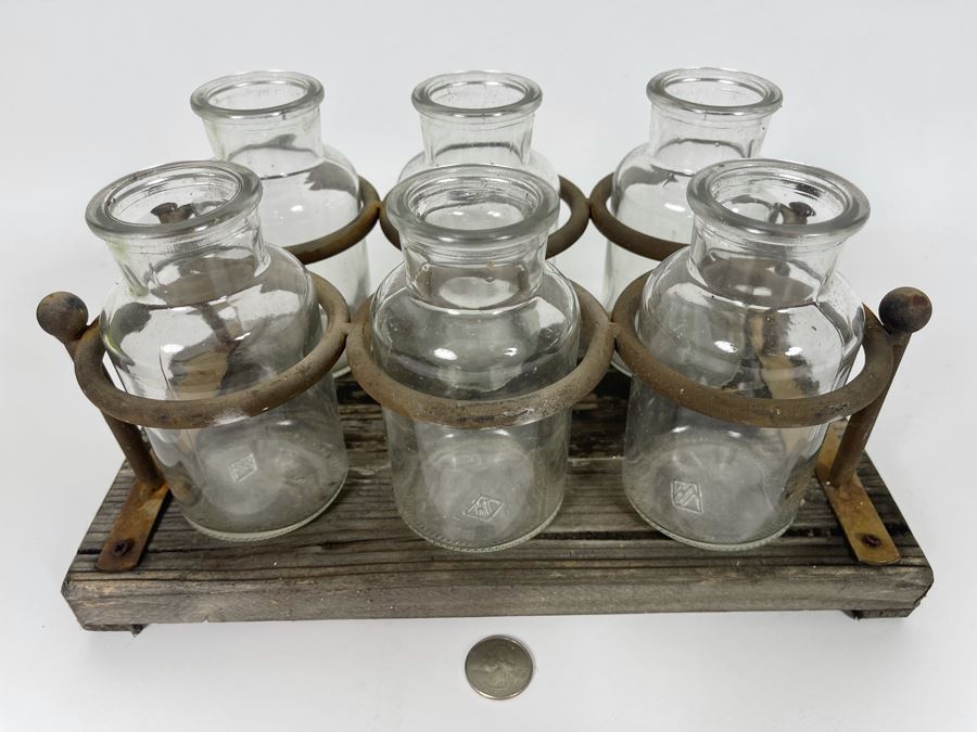Vintage Rustic Glass Bottles With Metal And Wood Carrier 12W X 7D X 6.5H [Photo 2]